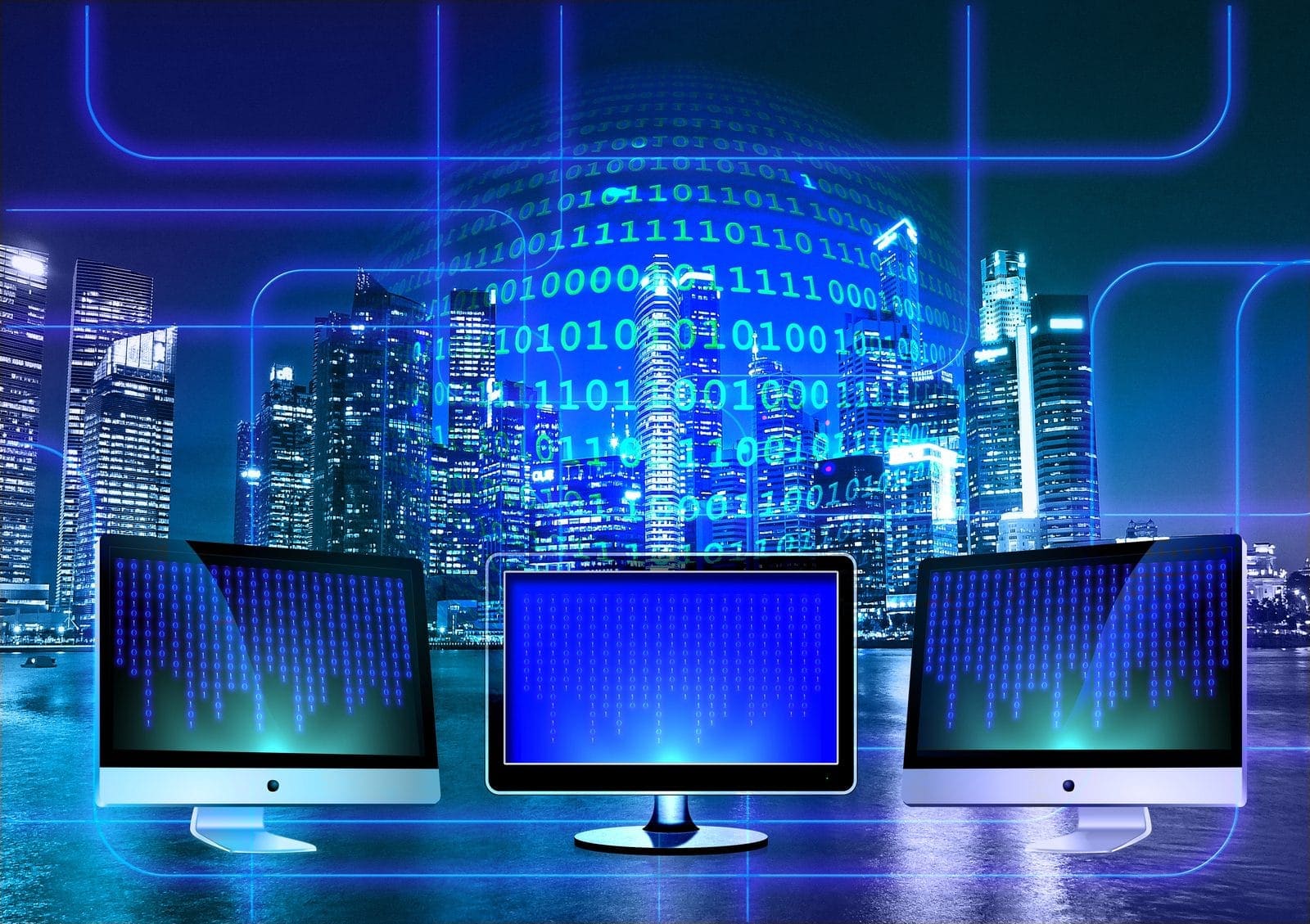 Bulut hosting ve sunucu altyapısını temsil eden şehir siluetı