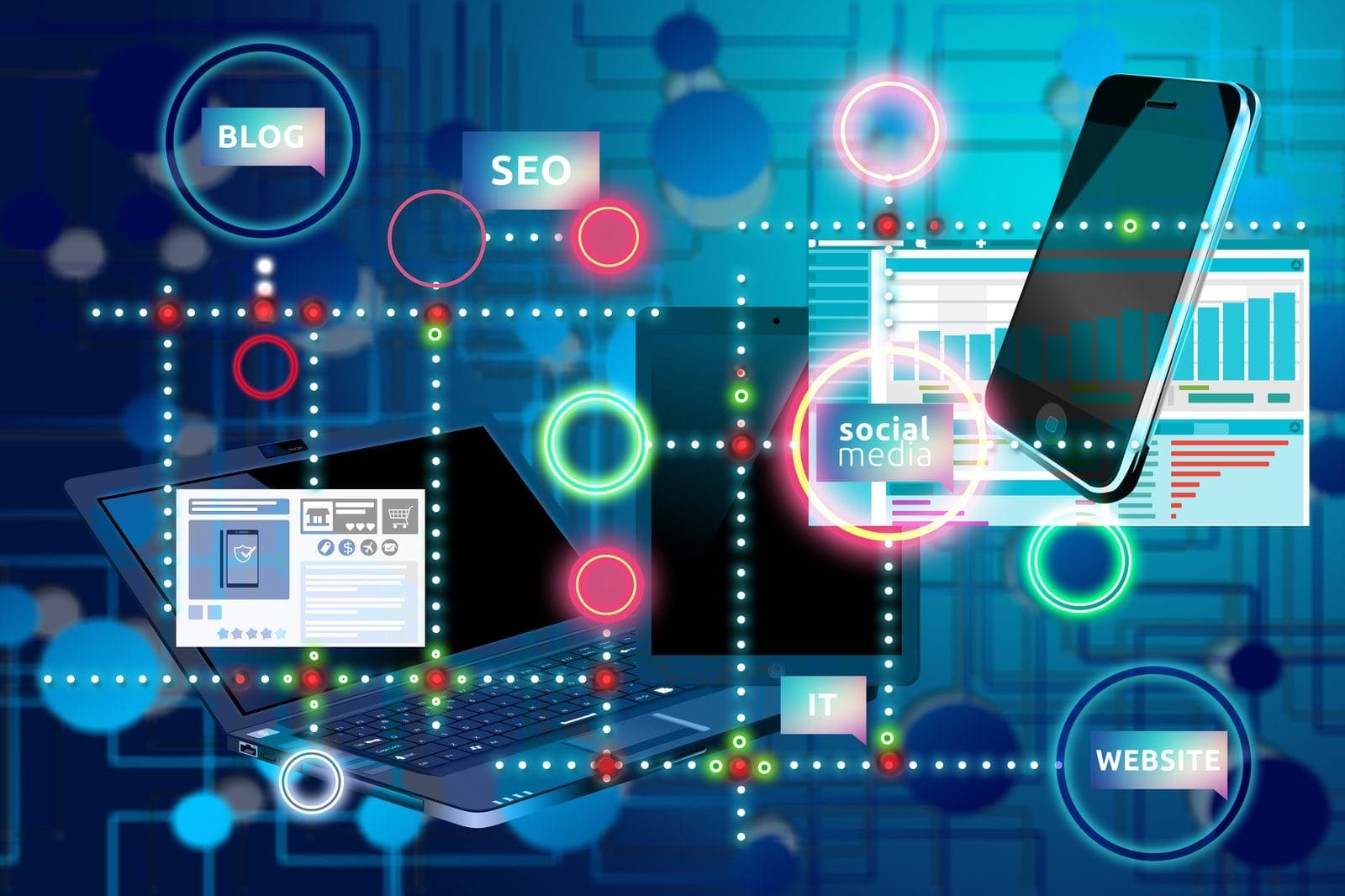 SEO kavramlarını gösteren dijital ağ diyagramı